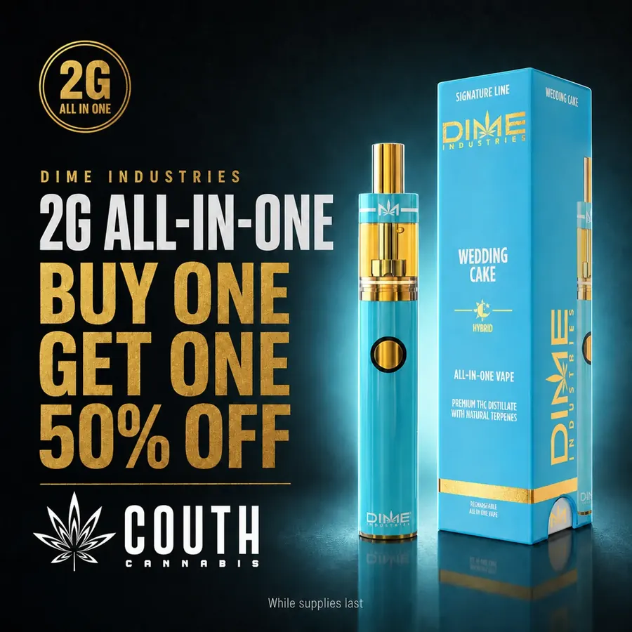Dime Industries 2G all-in-one vape promotion at Couth Cannabis: buy one, get one 50% off, while supplies last.