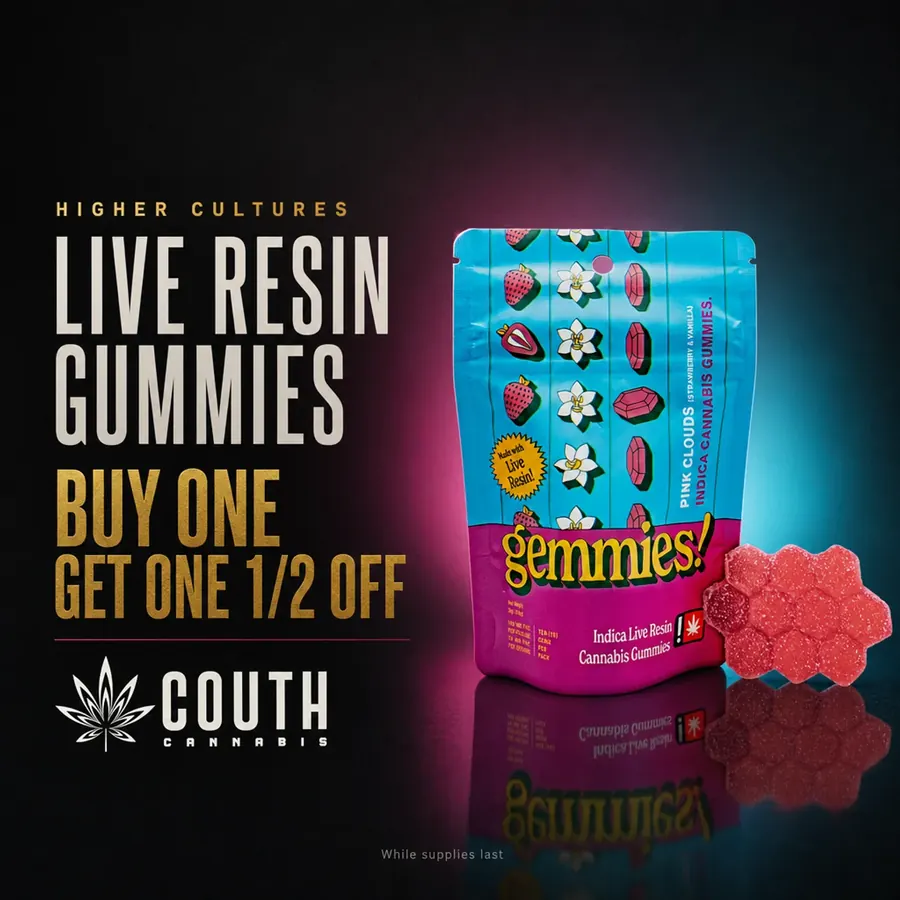Higher Cultures Gemmies live resin gummies promotion at Couth Cannabis: buy one, get one half off, while supplies last.